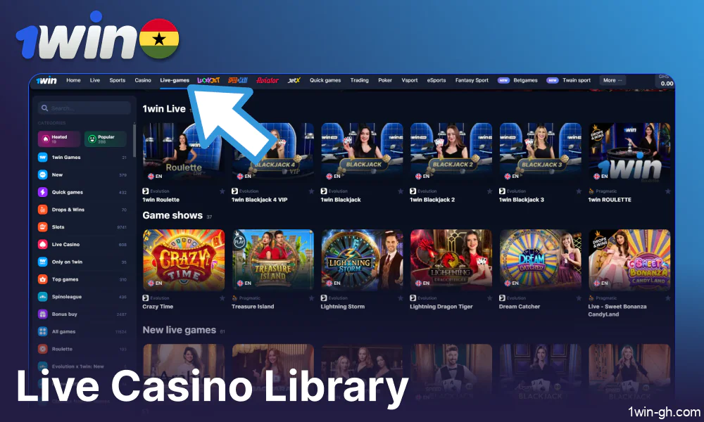 Live casino games available on 1win for players from Ghana